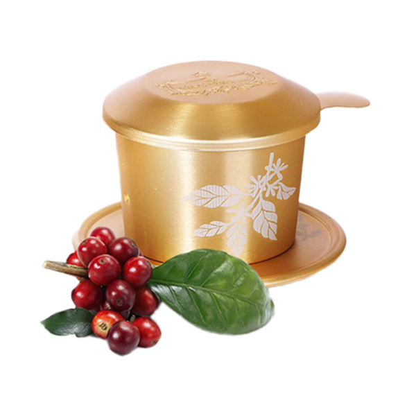 Phin nhôm hoa văn màu vàng (dập nổi logo TNI trên nắp Phin + khắc laze thân và dĩa Phin)