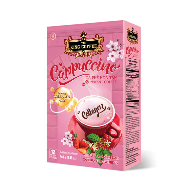 KING COFFEE Collagen Sakura Strawberry cappuccino instant coffee – Box 240 g (12 sticks x 20g)_VE