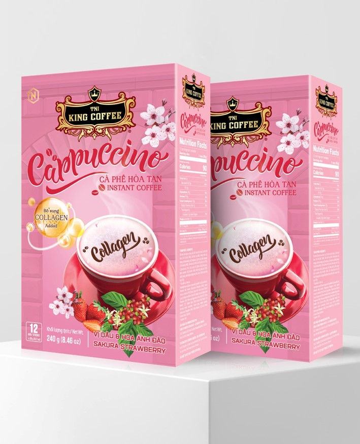 KING COFFEE Collagen Sakura Strawberry cappuccino instant coffee – Box 240 g (12 sticks x 20g)_VE