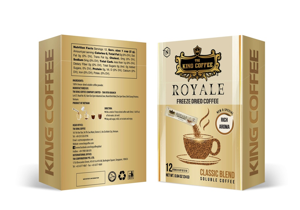 KING COFFEE ROYALE Classic Blend freeze dried soluble coffee – Box 24 g (12 sticks x 2g)_EE